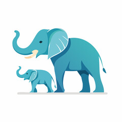 Fototapeta premium Two blue elephants, mother and baby, in a flat design style