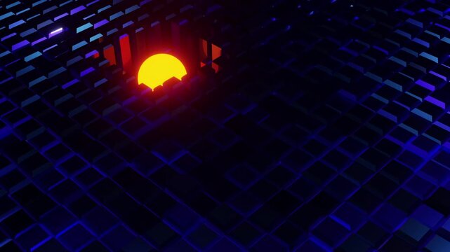 Metallic reflective bevelled grid surface displaced by glowing reactive moving sphere
