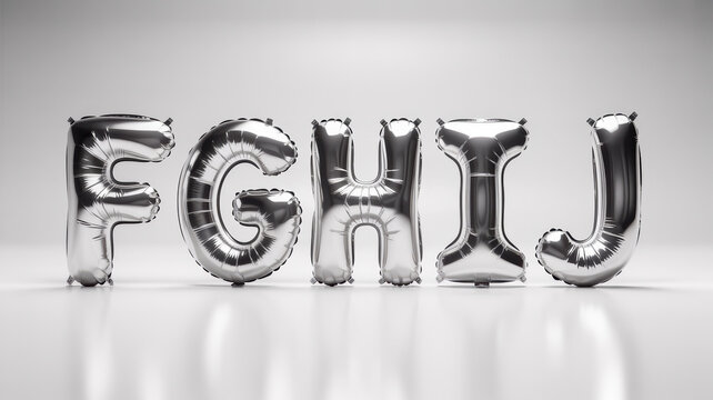 Shiny silver metallic foil balloons shaped like the letters f g h i and j sitting in a line in this studio photograph for creative projects