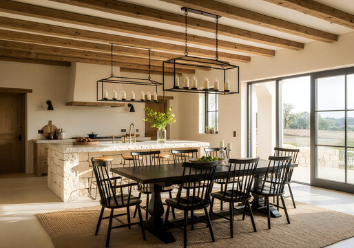Modern rustic kitchen and dining area with wooden beams and large windows