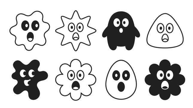 Cute cartoon monsters, funny characters, surprised faces, doodle style, white background