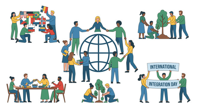Flat vector set for International Integration Day featuring diverse people planting trees, building flag puzzles, and sharing food in unity.