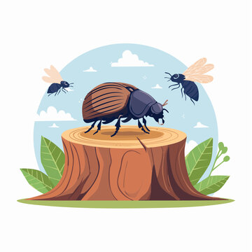 Illustration of a large beetle on a tree stump with flying insects
