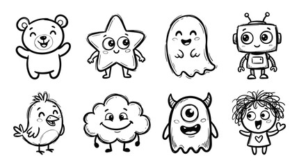 Fototapeta premium Cute Cartoon Characters Collection: Bear, Star, Ghost, Robot, Bird, Cloud, Monster, Girl