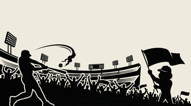 Silhouette of a baseball player hitting a ball in a crowded stadium