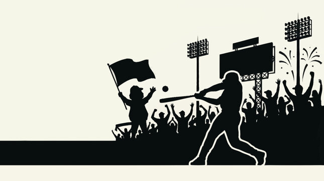 Silhouette of a baseball player hitting a ball in a stadium
