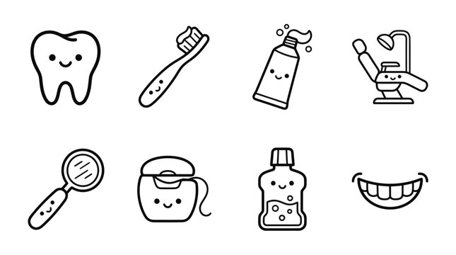 Cute Dental Care Icons Set: Tooth, Toothbrush, Paste, Chair, Floss, Mouthwash