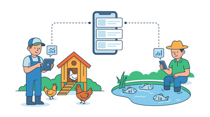 Smart Farming and Aquaculture Illustration showing Farmers using Mobile Apps for Poultry and Fish Management © Oktafianto