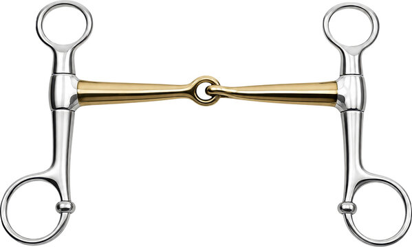 Equestrian horse bit with brass mouthpiece isolated on transparent background