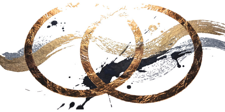 Abstract artistic design with two intertwined circular rings featuring black ink splatters and metallic gold texture