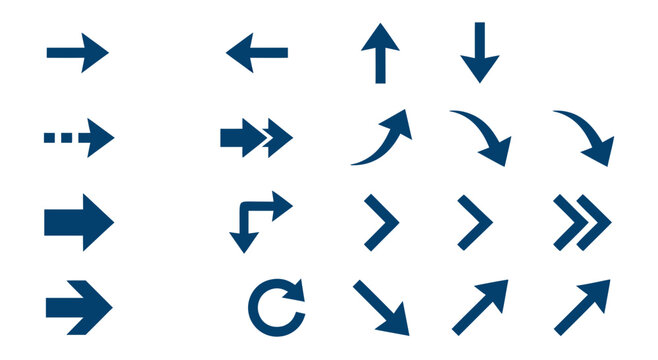 Set of Blue Directional Arrows and Cursor Pointers in Various Angles