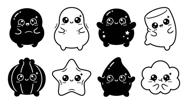 Cute Kawaii Characters: Ghost, Marshmallow, Star, Cloud, Onion