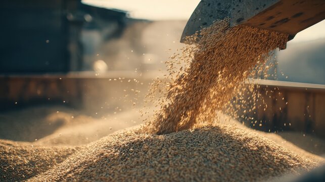 Golden Harvest Grains Pouring from Silo into Truck at Sunset.
