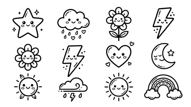 Cute Kawaii Weather Icons: Star, Cloud, Sun, Heart, Moon, Rainbow, Lightning