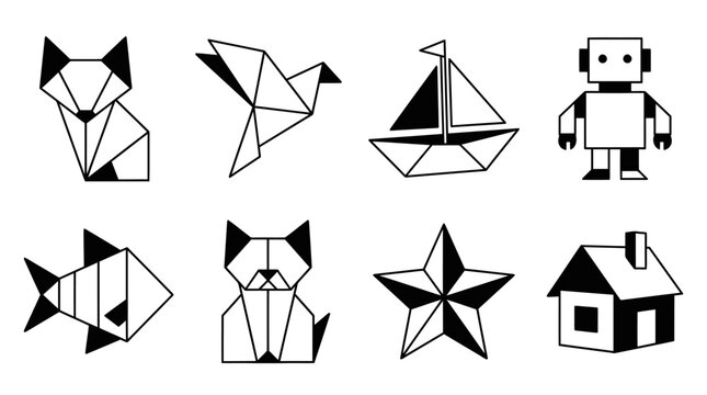 Origami Animals, Objects, and Shapes Set: Fox, Bird, Fish, Dog, Boat, Robot, Star, House
