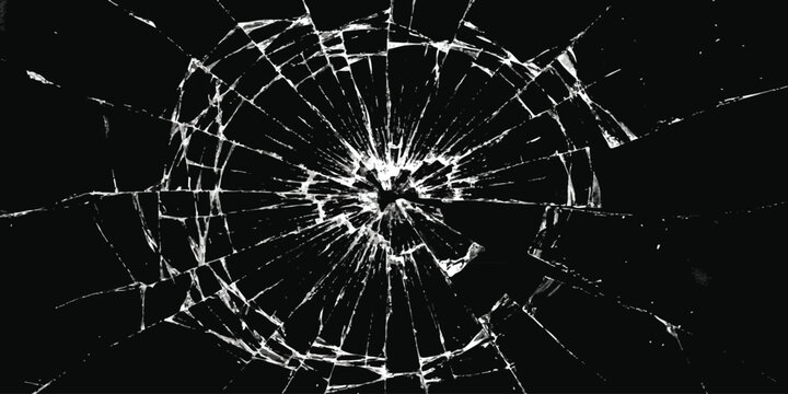 Broken glass texture with cracks and shattered pattern on a dark black background