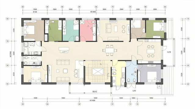 top view colorful residential floor plan with multiple rooms and detailed layout