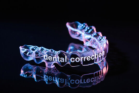 Subject: A dental correction appliance (overbite splint). Action: Displayed on a dark background. Setting: A studio with blue lighting.