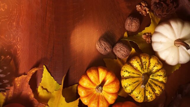 Decorative autumn wreath with mini gourds. Seasonal pumpkin and acorn display on wooden circular frame. Festive autumn decoration featuring miniature gourds and natural wooden circle embellishment