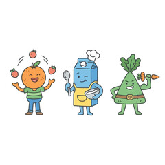 Fototapeta premium Fun food mascot characters including juggling orange cooking milk and strong radish.