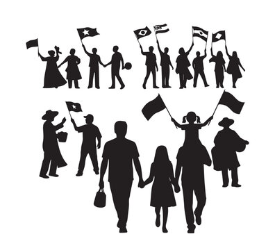 Silhouettes of diverse groups of people walking together, holding various flags, symbolizing unity, diversity, and peaceful protest