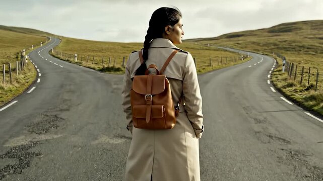 Woman walks along road with fields on both sides. She looks ahead while wearing a backpack and coat. Setting shows a rural landscape with open space. Concept of travel, adventure, exploration
