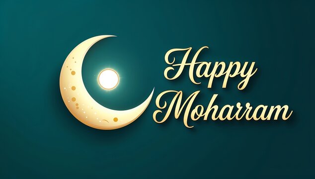 Happy moharram greeting card with crescent moon and text on dark background