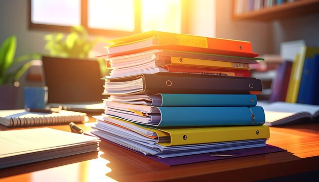 Stack of colorful office binders desk.