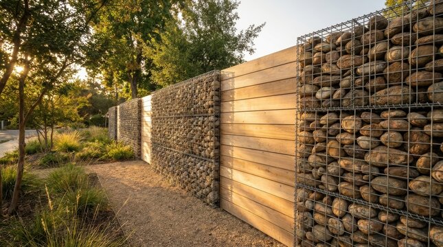 Modern fence made of wooden planks and gabions with stacked stone in wire cage. Contemporary exterior design for residential garden landcaping architecture project. Sunny day outdoor.