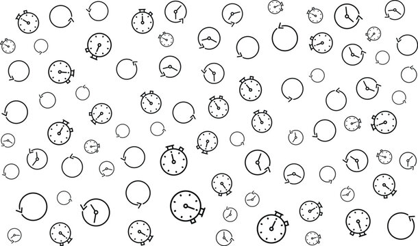 Clock and timer icons scattered on white background