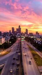 Fototapeta premium Sunset over city highway with traffic.