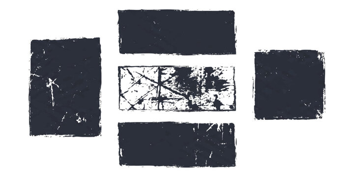 Set of five black grunge textured rectangular stamps and frames with rough edges for distressed design elements