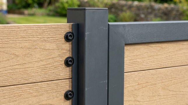 Detail of modern composite fence with wood texture panels and metal post. Architectural construction for boundary security. Contemporary backyard garden design and exterior home fencing.
