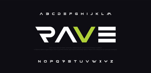 Rave, Abstract sports logo alphabet fonts. Typography minimalist urban sana serif digital fashion future creative logos fonts. vector illustration © Moscoo