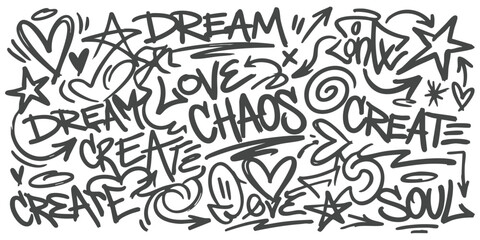 Black and white graffiti street art pattern with hand drawn words love chaos dream create and doodle symbols © GraphixEra