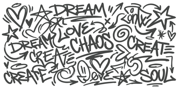 Black and white graffiti street art pattern with hand drawn words love chaos dream create and doodle symbols