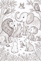 Obraz premium Cute Forest Animals Gathered Together in Detailed Black and White Line Art Scene