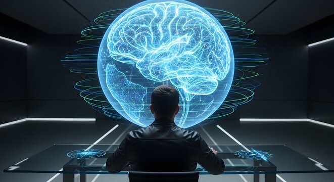 Futuristic Holographic Brain Interface with Person Interacting.