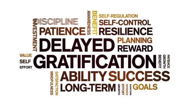 Delayed Gratification animated word cloud-text design animation tag kinetic typography seamless loop.