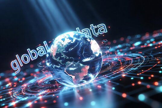 Subject: Global data visualization. Action: Data streams and connections represent worldwide information exchange. Setting: A futuristic digital landscape with an Earth globe at its center.