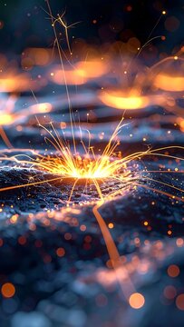 Sparkling welding sparks fly through air.