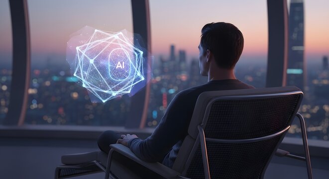 Man Gazing at Futuristic AI Hologram Over Cityscape.