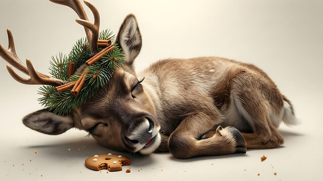 Adorable b&eacute;b&eacute; renne dormant paisiblement avec une couronne festive de branches de pin et de b&acirc;tons de cannelle sur la t&ecirc;te &agrave; c&ocirc;t&eacute; d&rsquo;un biscuit en pain d&rsquo;&eacute;pices croqu&eacute;