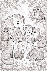 Fototapeta premium Cute Forest Animals Gathered Together in Detailed Woodland Scene