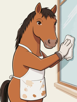Anthropomorphic Horse Cleaning Indoor Window With Cloth