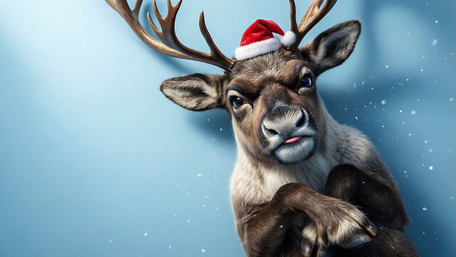 Renne grincheux portant un bonnet de P&egrave;re No&euml;l sur un fond bleu