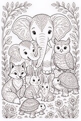 Fototapeta premium Cute Forest Animals Gathered in Decorative Line Art Nature Frame