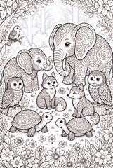 Fototapeta premium Detailed Forest Animals Gathering in Floral Woodland Clearing