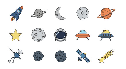Space Icons: Rocket, Planets, Moon, Astronaut, UFOs © punduh