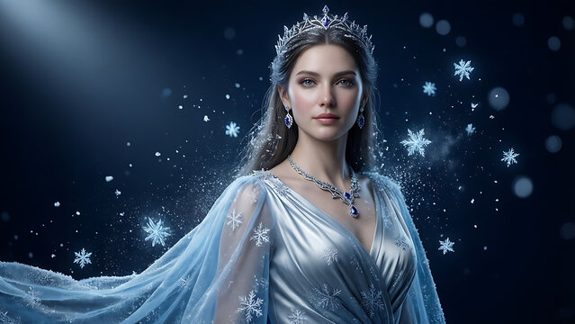 Portrait d&rsquo;une magnifique reine des glaces avec une couronne et une robe bleue entour&eacute;e de flocons de neige